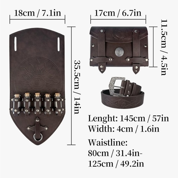 3PCs Medieval Alchemy Faux Leather Belt Bag Set with 5 Cork Potion Vials 073 - Picture 6 of 6